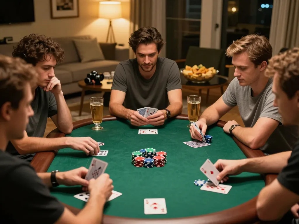 MAY88 players engaged in an intense home poker night with vibrant chips and cards.