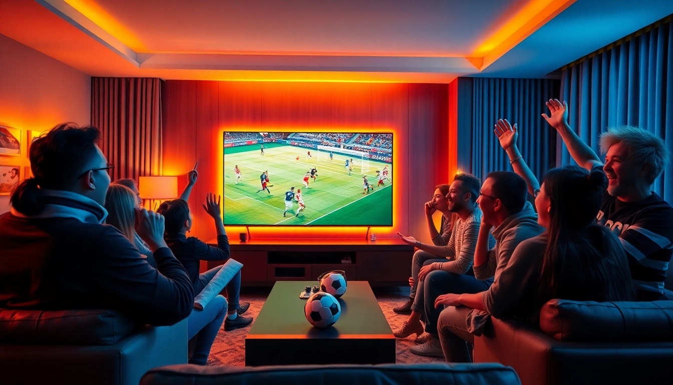 Fans enjoying a live football match on Luong Sơn TV with excitement and camaraderie.