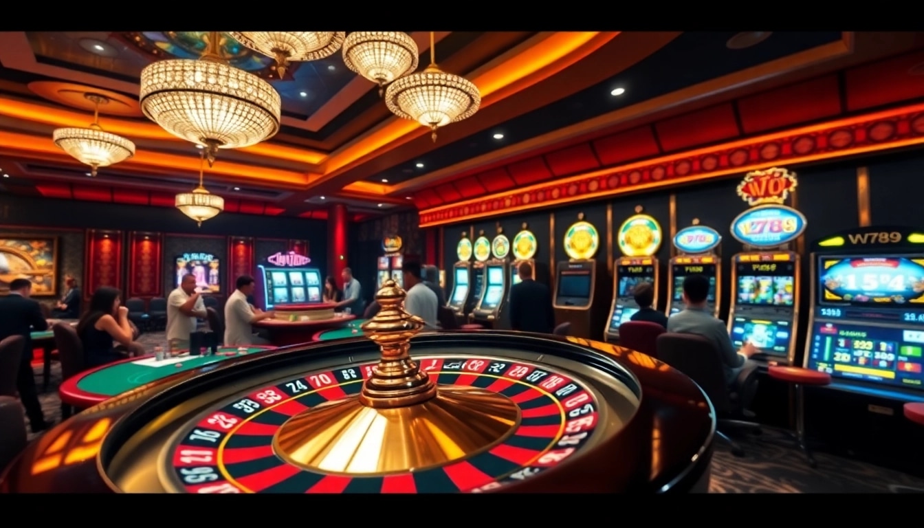 Players engaging with vibrant casino tables and slot machines at VN789 online gambling.