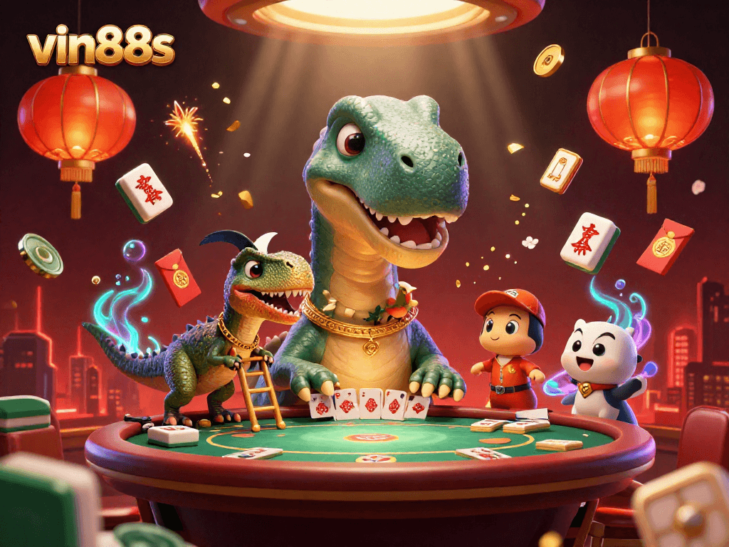Experience thrilling games at vin88s, highlighted by vibrant casino illustrations showcasing unique characters and action.