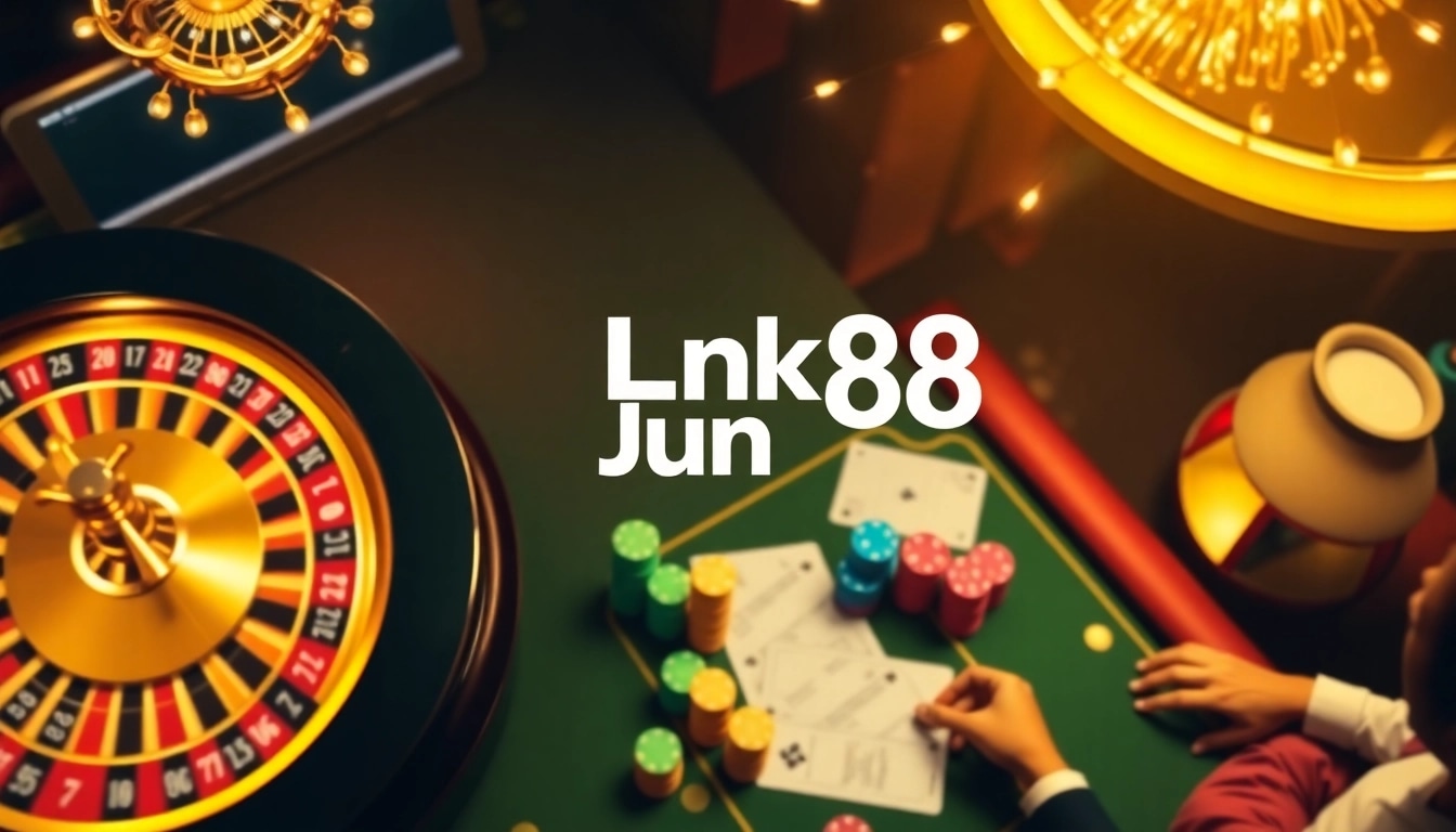 Experience the excitement of online gambling with Link Jun88, featuring poker chips and a spinning roulette.