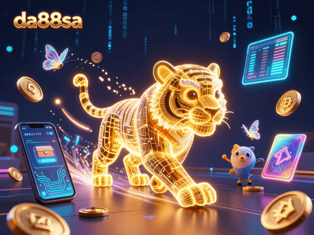Experience da88sa's dynamic digital casino world with neon-lit characters and cryptocurrency elements.