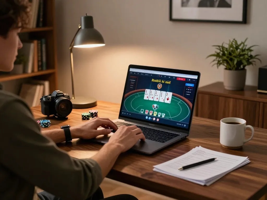 Engaging online poker game at home using Win138 platform with strategy notes and cozy setup.