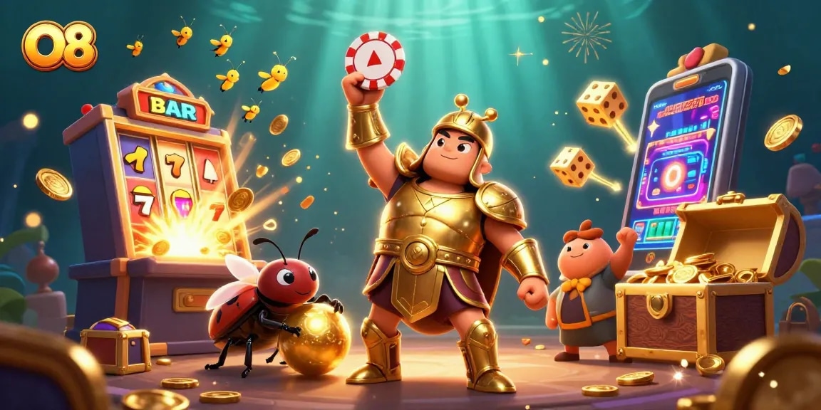 O8 showcases a victorious beetle lifting a poker chip amidst a jackpot explosion in a vibrant casino scene.