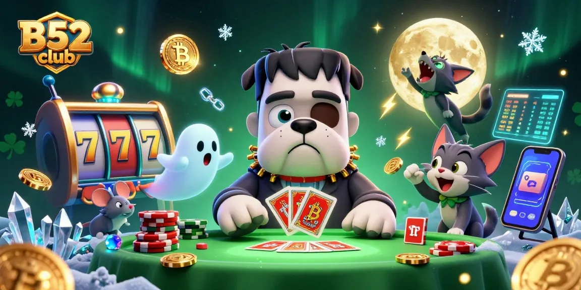 Engage in thrilling gameplay at B52 club with an energetic casino scene featuring cartoon characters and vibrant slot machines.