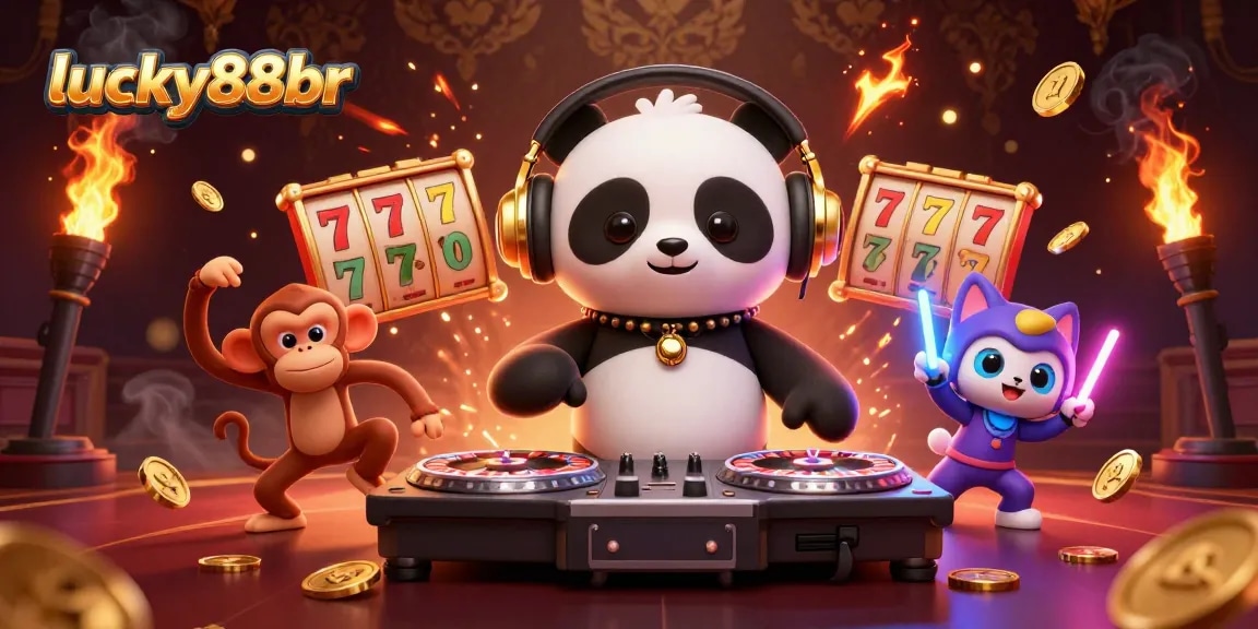 Join the fun at lucky88br with a DJ panda, breakdancing monkey, and glowing kitten in an illuminated casino!