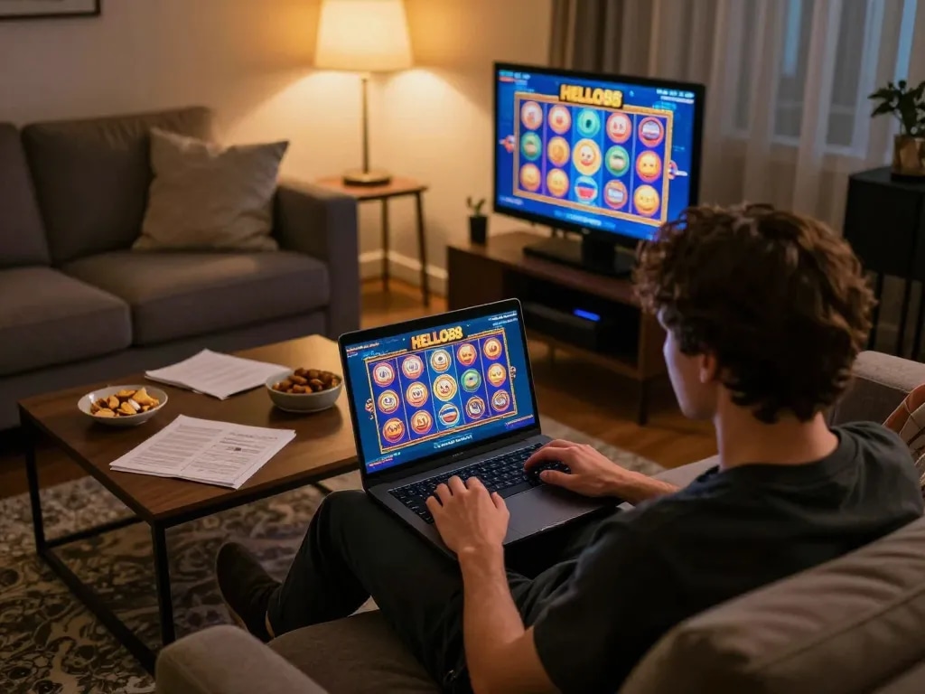 Experience gaming at HELLO88 with immersive online slots displayed on a laptop in a comfortable home setting