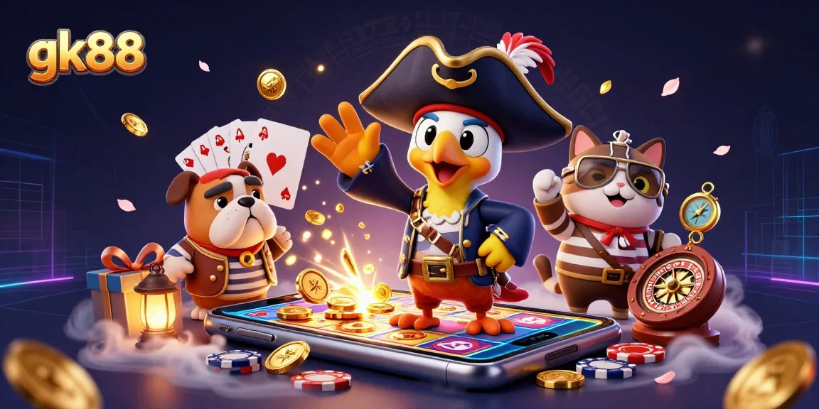 Experience exciting slot gameplay with gk88, featuring 3D cartoon characters amidst spinning reels and vibrant casino elements.