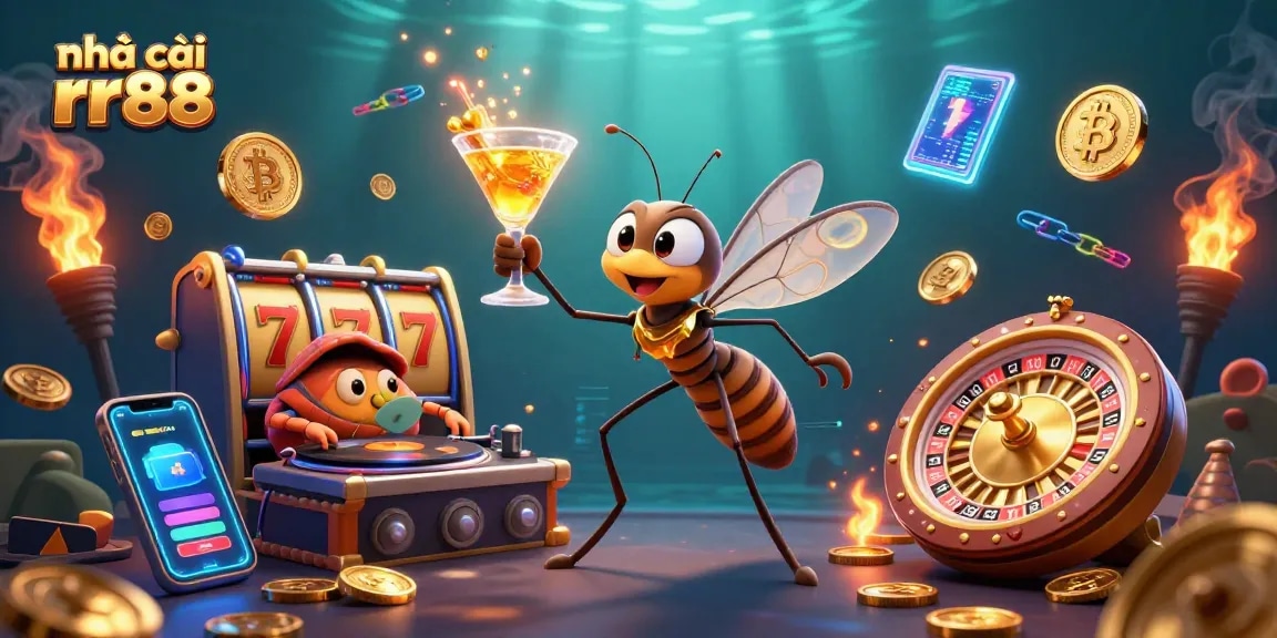 Engage with nhà cái rr88 featuring a lively casino mascot, trilobite DJ, and stunning golden roulette elements.