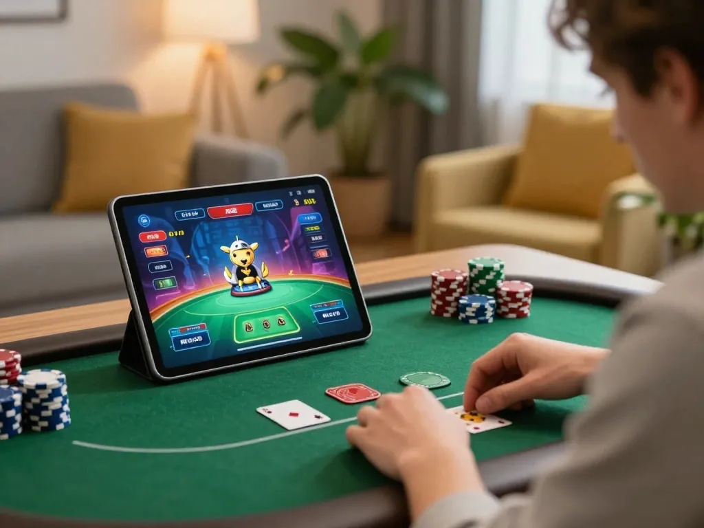 Engaging player using torxentertainment tablet for online poker gaming, showcasing strategic gameplay.