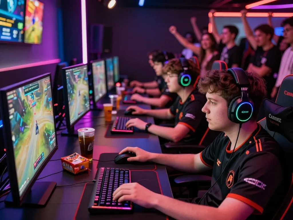 The excitement of esports at MAY88 tournament, featuring intense players and vibrant arena.