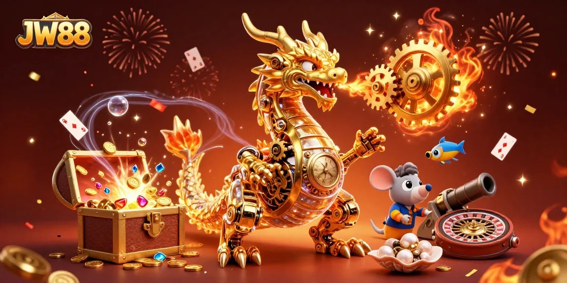 Experience the excitement of JW88 with the golden dragon and treasure in a vibrant casino scene.