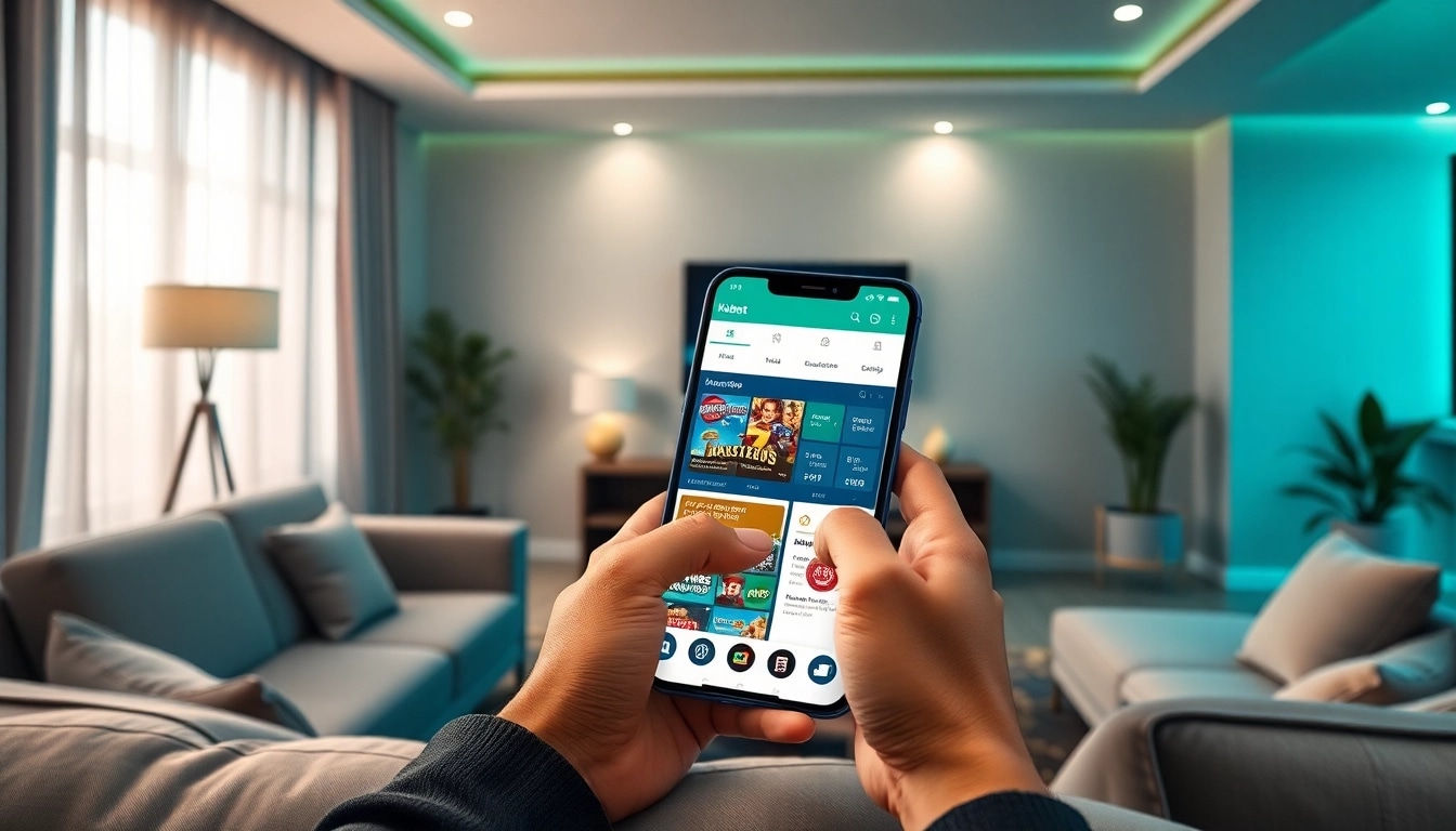 Tải App Kubet88: Trải Nghiệm Cá Cược Nhanh – Mượt – An Toàn with user-friendly mobile interface in a modern living room.
