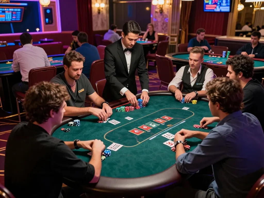 Players engaging in strategic gameplay at 23Win's vibrant poker table amid colorful casino lights.