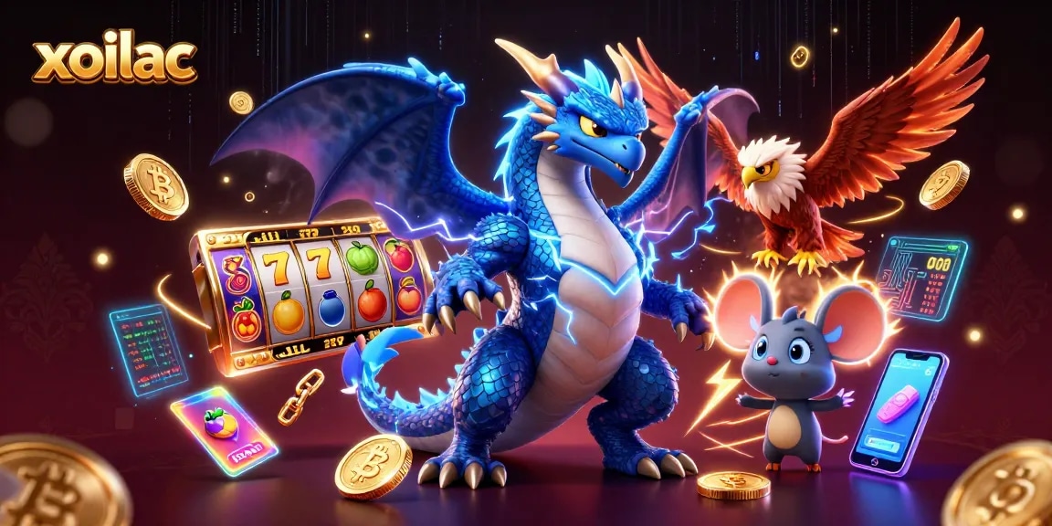Engage with xoilac's thrilling slot reels and crypto symbols in this vibrant casino illustration.