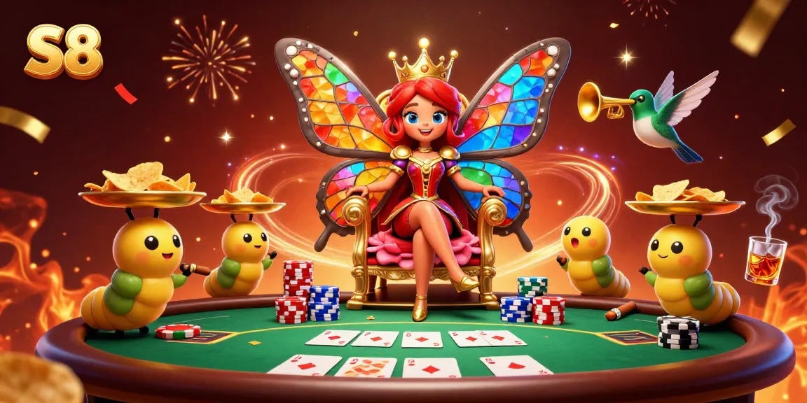 Engage with S8’s vibrant 3D illustration showcasing a gaming atmosphere full of excitement and casino elements.