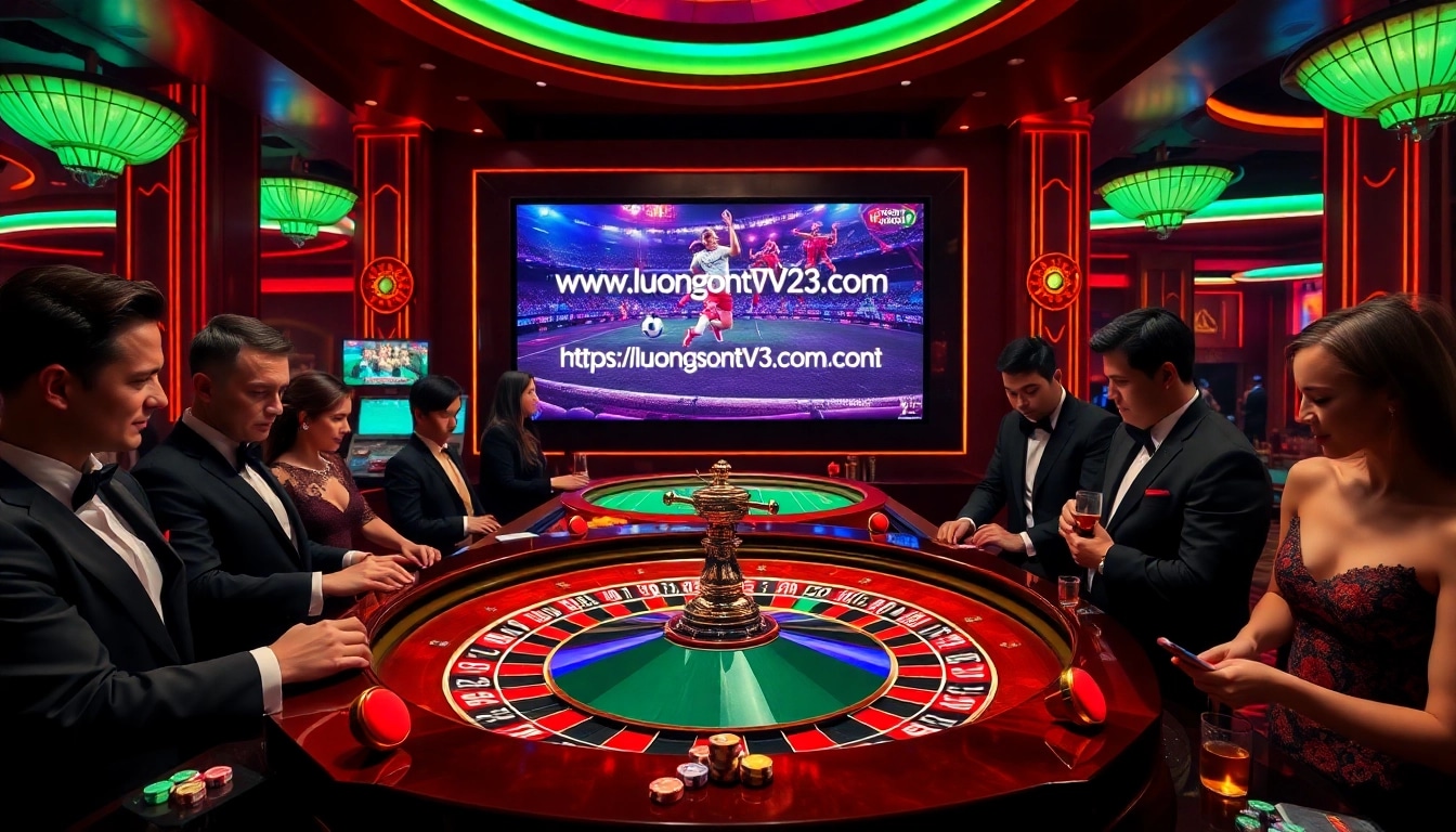 Engaging scene of players enjoying luxury gambling at https://luongsontv23.com/ roulette table with neon lights.