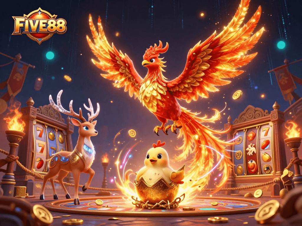 Experience the exhilarating FIVE88 gaming scene with a vibrant phoenix and slot elements.