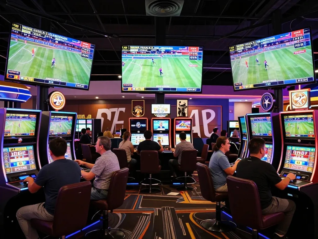 Excited bettors analyzing ty le keo at an upscale sports betting venue with bright screens.