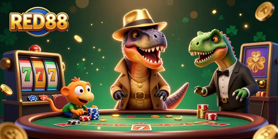 Win big at RED88 with a 3D velociraptor card counter and a stegosaurus pit boss in an exciting casino scene.