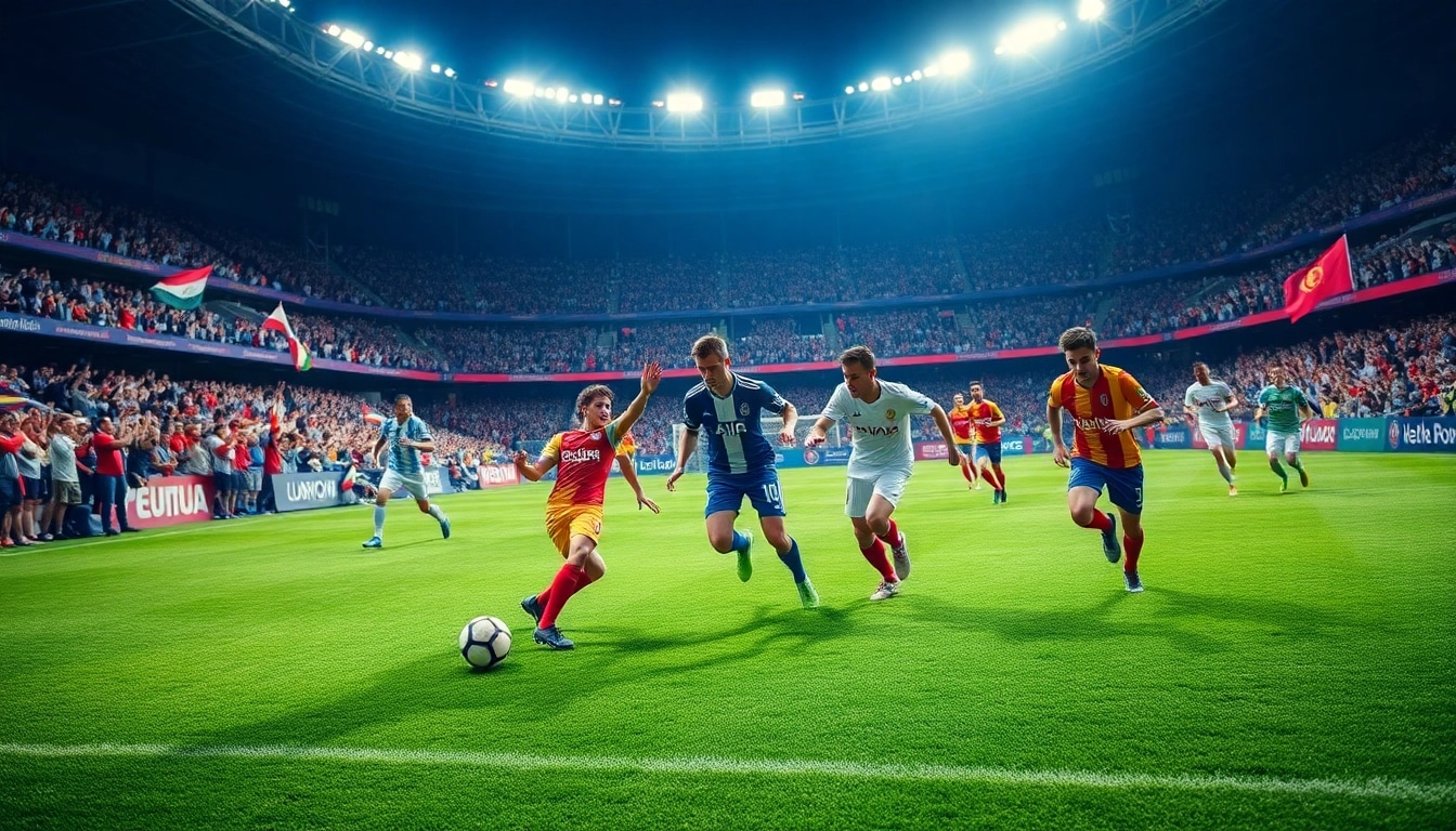 Lịch thi đấu bóng đá hôm nay mới nhất captures a thrilling soccer match with players actively engaged and fans passionately cheering.