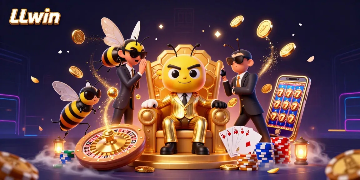 LLwin features a detailed 3D illustration of a bumblebee mob boss and casino elements showcasing winning strategies.