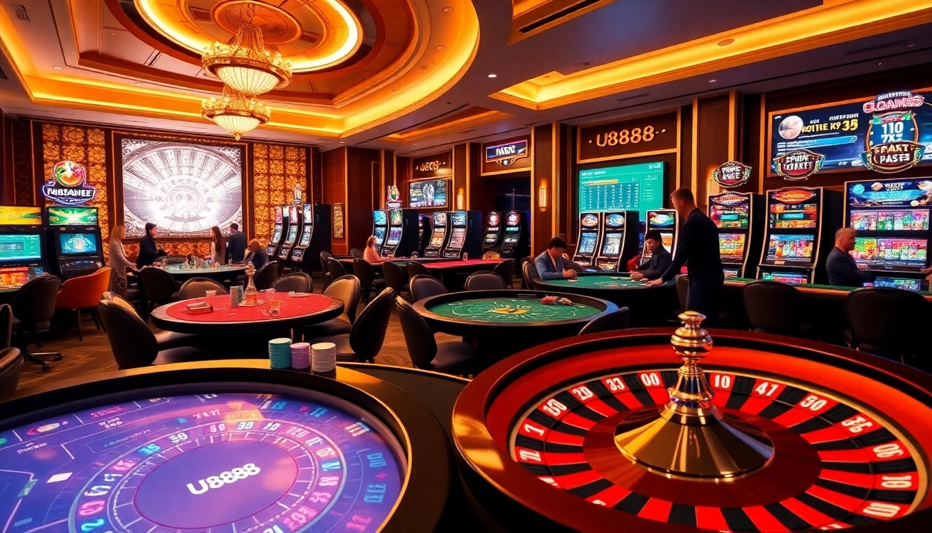 Exciting casino scene showcasing U8888 with players betting on tables and interactive digital interfaces.