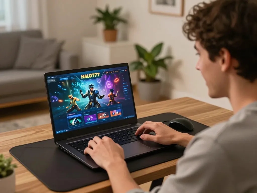 Memainkan Halo777 di laptop di rumah, menikmati pengalaman bermain game online yang aman dan bertanggung jawab.