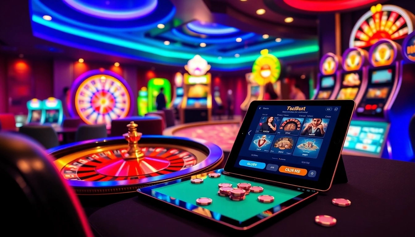 Engage in thrilling online gambling experiences at https://78win.bot/ showcasing casino tables and vibrant slot machines.