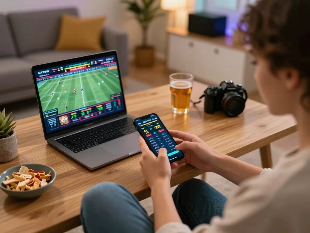 The Trang chủ Five88 sports betting scene captures excitement with a player actively engaging in mobile betting.
