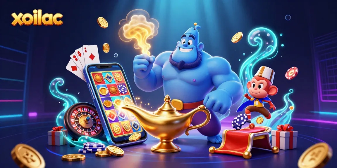 Xoilac showcases a vibrant 3D scene with a genie, monkey, and poker elements, ideal for gambling enthusiasts.