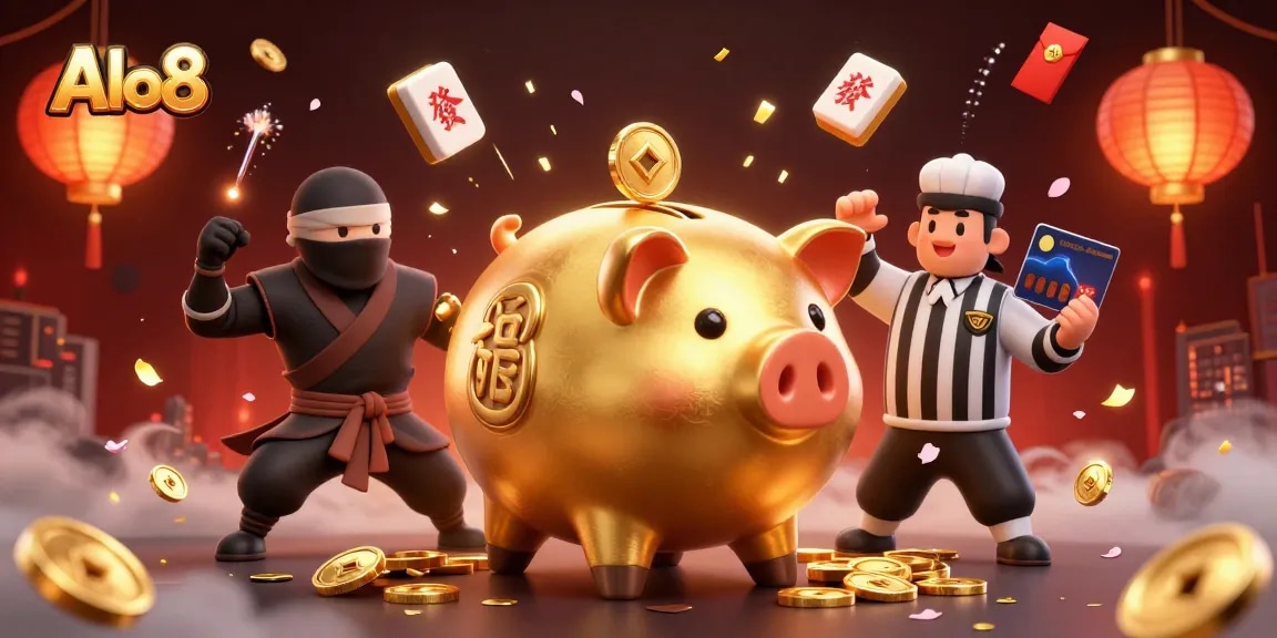 Alo8 showcases a dynamic 3D scene with a piggy bank sumo wrestler surrounded by festive casino elements.
