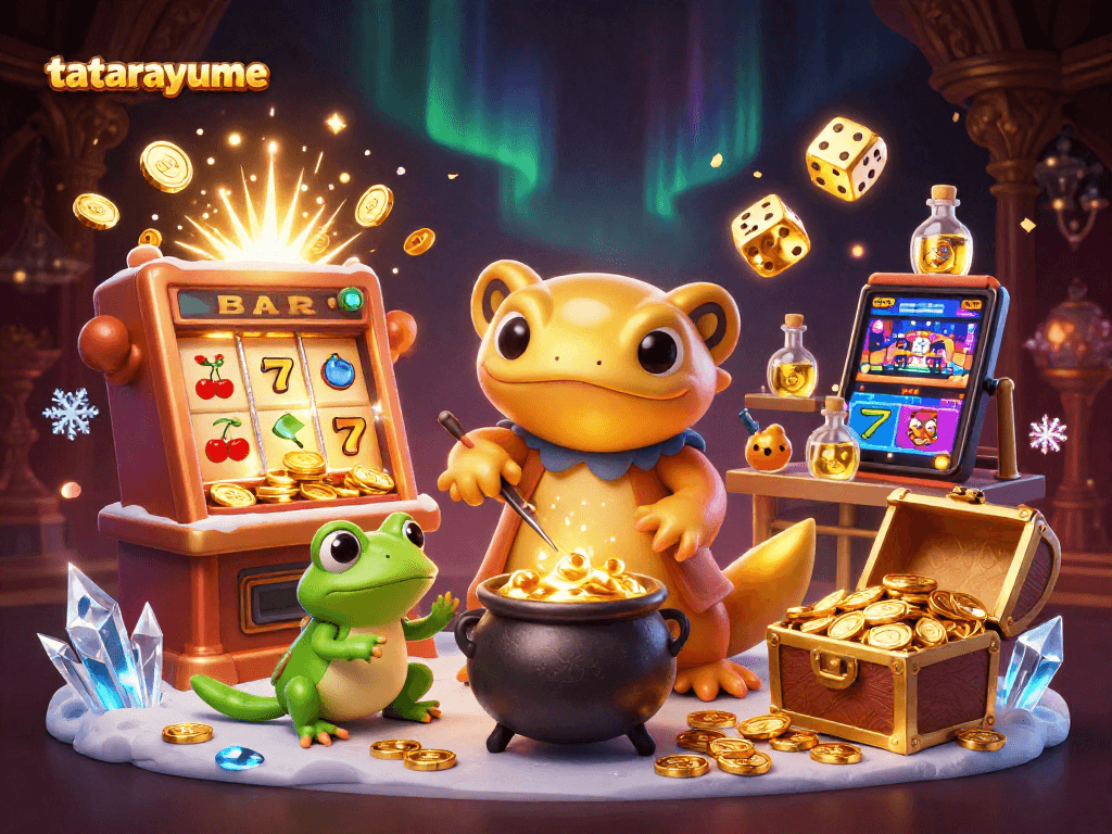 Win big at tatarayume with a vibrant 3D casino scene featuring characters in gold.