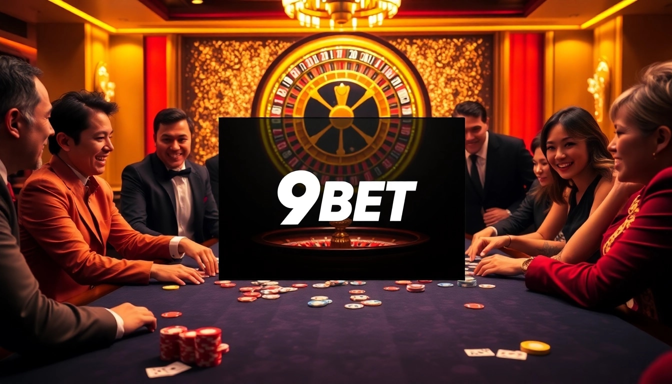 Intense poker action at a 9BET casino table with colorful chips and a roulette wheel.