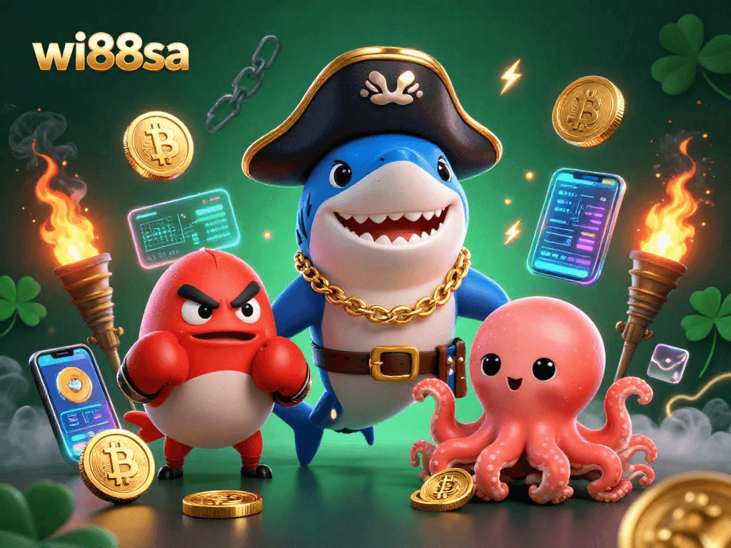 Spin and win at wi88sa with the pirate shark and octopus in a vibrant casino scene.