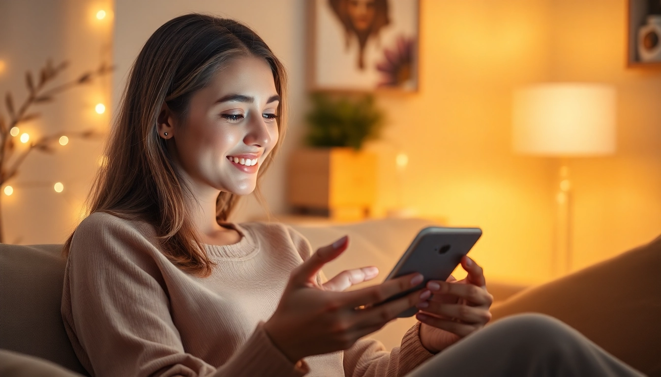 Engaged young woman using a girlfriend ai chatbot in a cozy setting.