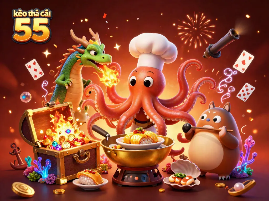 Engage with kèo nhà cái 55 through thrilling casino-themed 3D illustration showcasing unique characters and elements.
