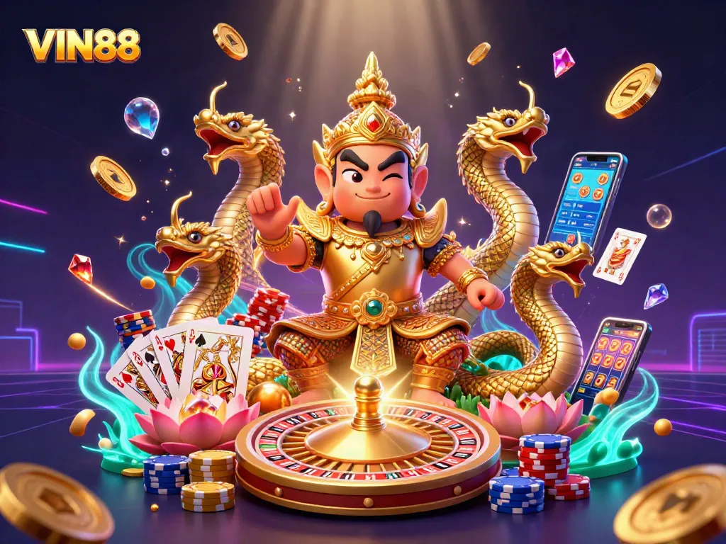 Engage in thrilling casino action with VIN88 featuring vibrant characters and dazzling game elements.