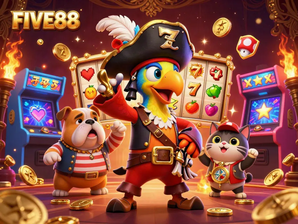 Engage with FIVE88 and embrace the excitement of online slots with colorful game scenes.