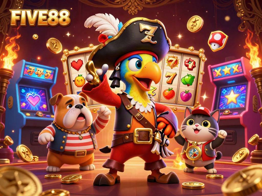 Engage with FIVE88 and embrace the excitement of online slots with colorful game scenes.