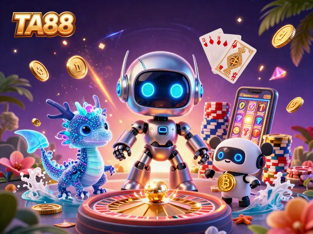 Experience the thrill of winning with TA88 in this vibrant, action-packed casino scene featuring a futuristic robot and an AI dragon.