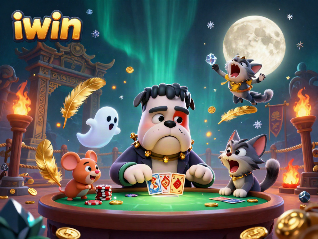 iwin showcases a vibrant casino scene with a cartoon bulldog and exciting gaming elements
