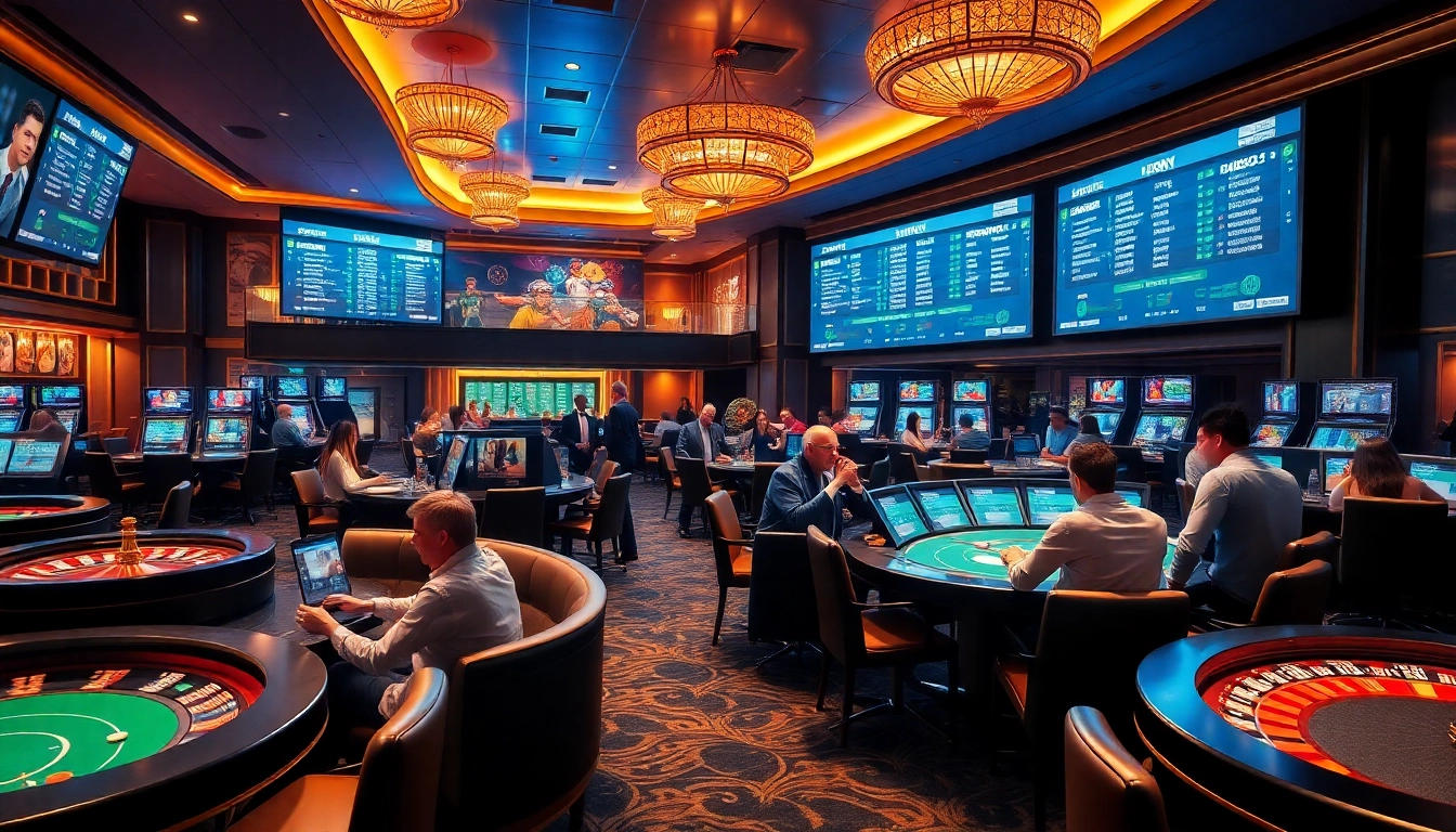 Gamblers strategize at a vibrant sports betting area, inspired by nhandinhkeonhacai.news.