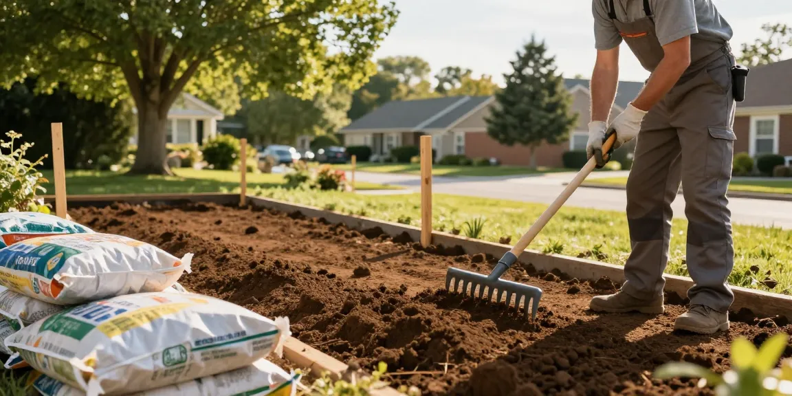 Top soil grading Ottawa scene with landscaper preparing yard using premium soil and tools.
