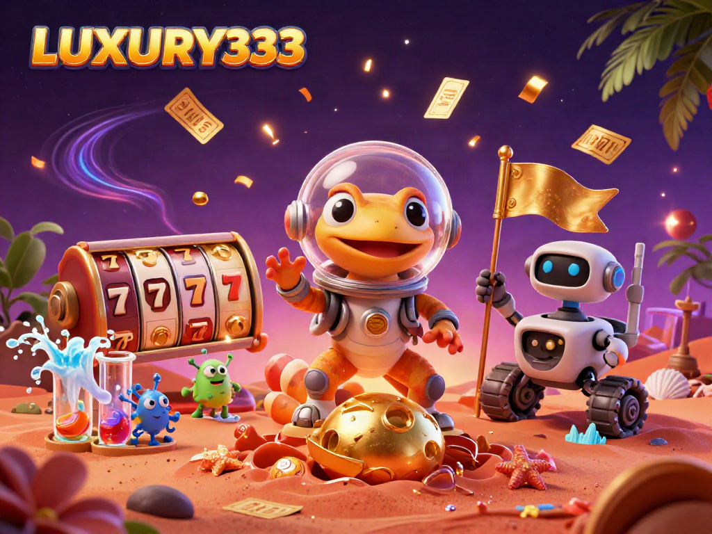 Memenangkan jackpot di LUXURY333 dengan gecko Mars dan robot sambil bermain di kasino emas.