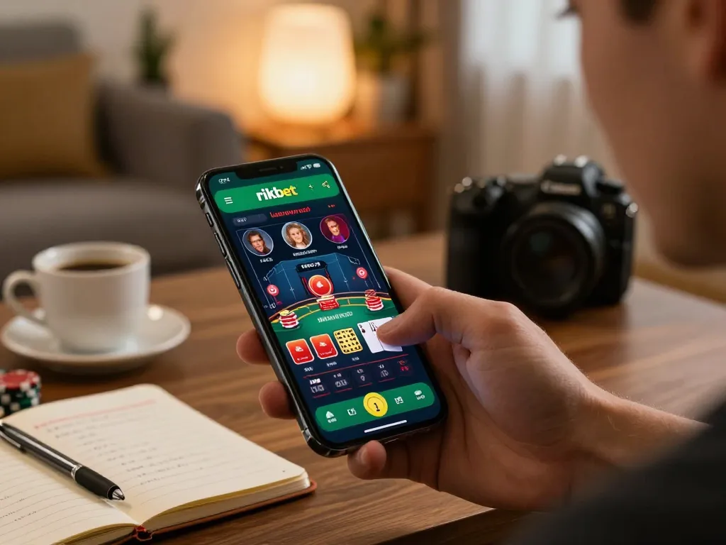 Player engaging with the rikbet app for live dealer blackjack on smartphone in cozy home setting.