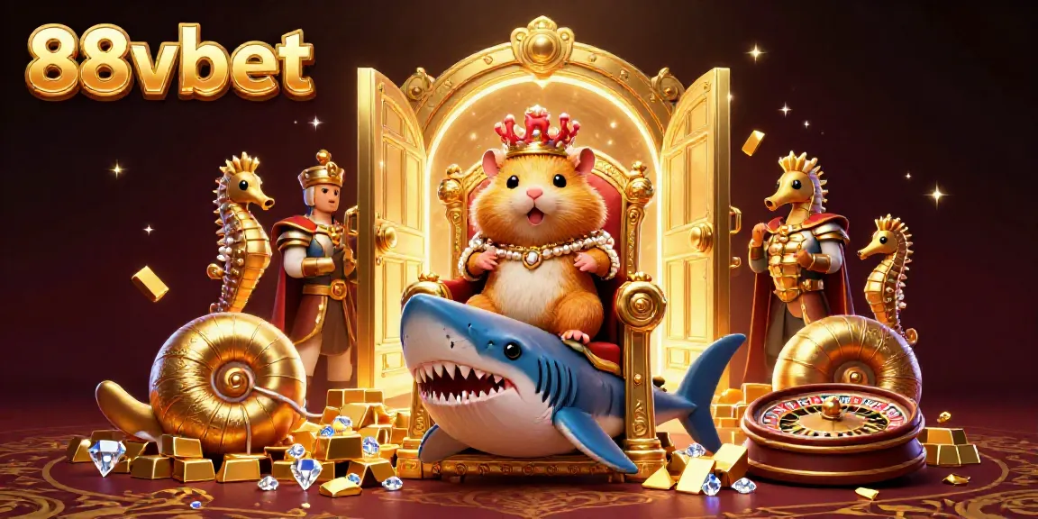 Experience the vibrant world of 88vbet with a golden hamster king surrounded by treasure and gaming elements.