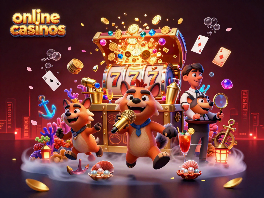 Online casinos animated scene featuring hyenas in a comedy casino setting with vibrant casino elements.