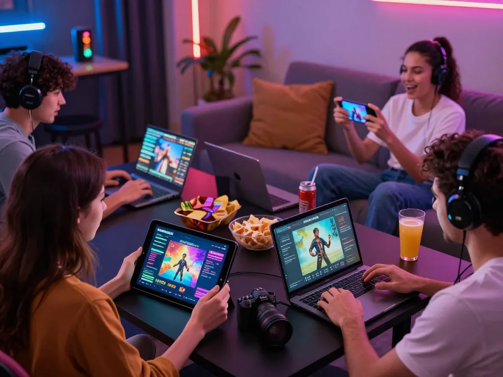 Players enjoying immersive html porn game experiences on different devices in a lively gaming setup.
