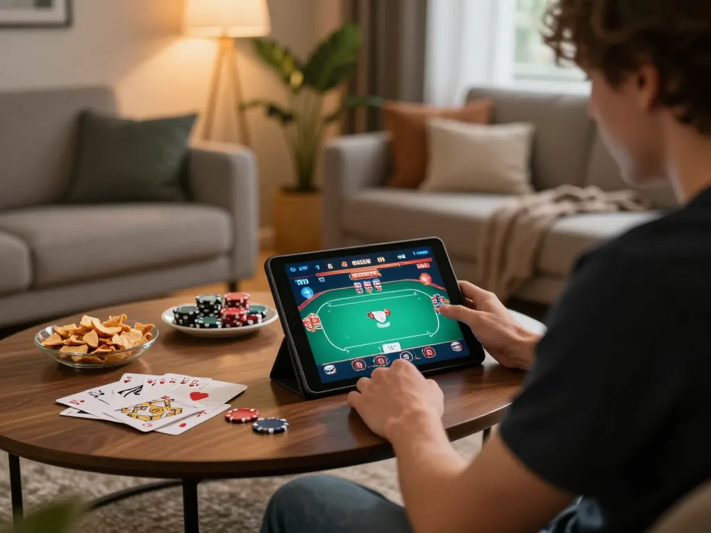 Engaged player enjoying lv88 online poker game in cozy living room, emphasizing strategic play and entertainment